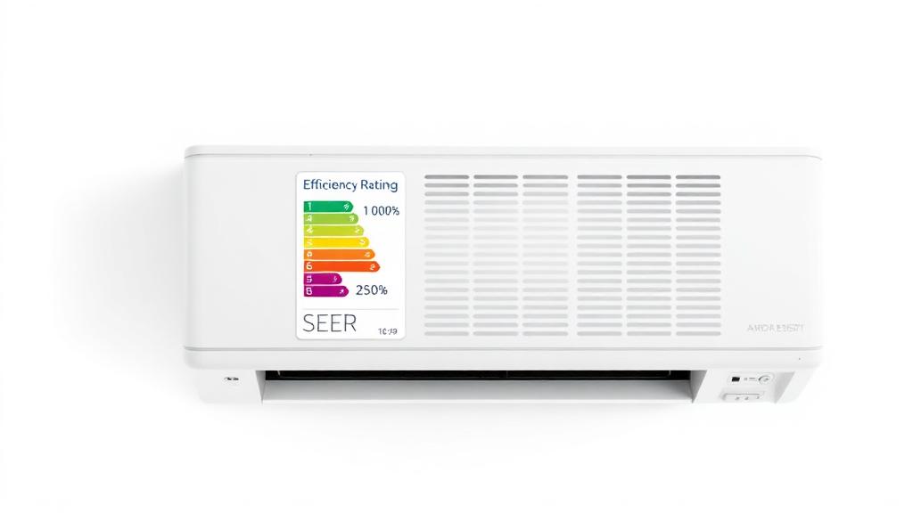 Modern air conditioner with SEER efficiency rating label